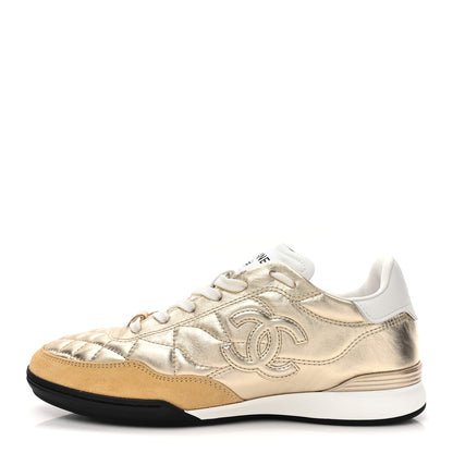 Chanel Laminated Calfskin Suede Quilted Womens CC Sneakers 37 Gold 1 of 10