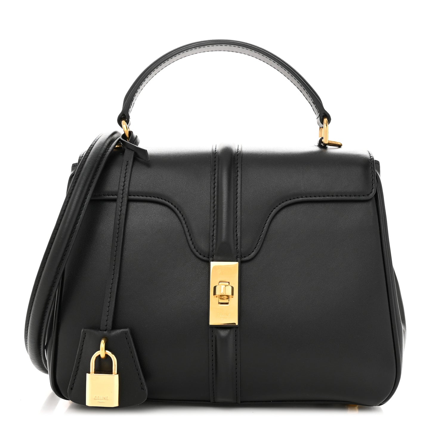 Satinated Calfskin Small 16 Top Handle Bag Black