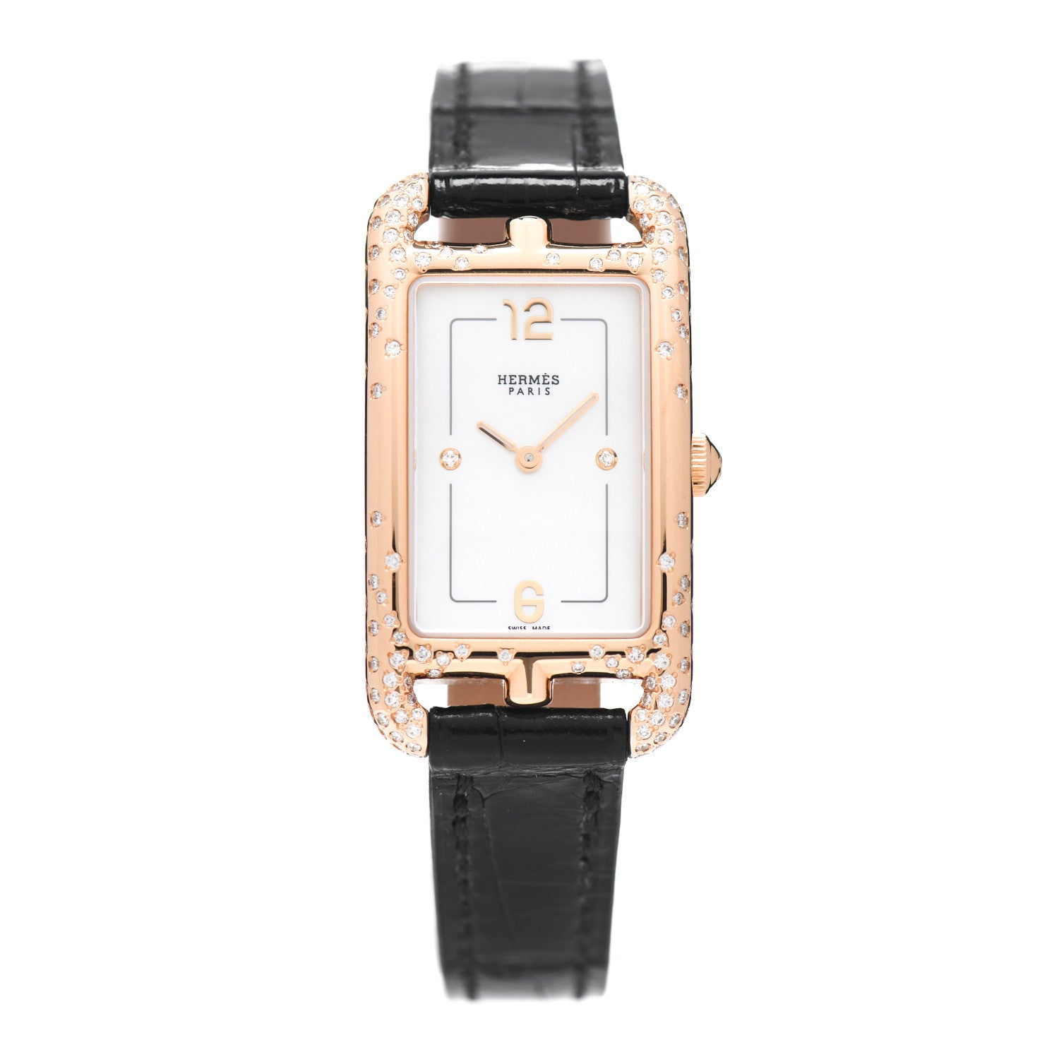 Hermes 18K Rose Gold Alligator Diamond Mother of Pearl 20mm Nantucket Quartz Watch Noir 1 of 5