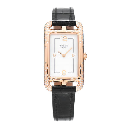 Hermes 18K Rose Gold Alligator Diamond Mother of Pearl 20mm Nantucket Quartz Watch Noir 1 of 5