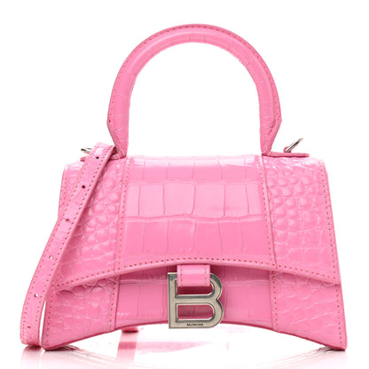 Balenciaga Shiny Calfskin Crocodile Embossed Hourglass Top Handle Bag XS Baby Pink 1 of 11