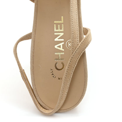 Chanel Suede Crystal Grosgrain Cap Toe CC Slingback Pumps 41 Beige Golden Black 8 of 9