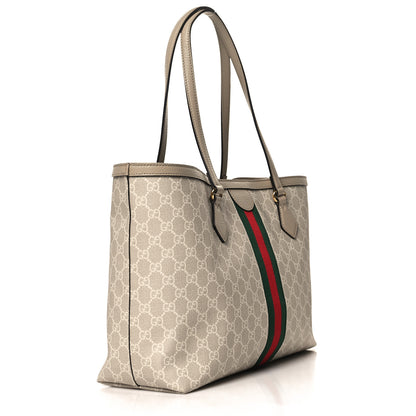 Gucci GG Supreme Monogram Textured Dollar Calfskin Web Large Ophidia Shopping Tote Beige Mystic White Oatmeal 3 of 10