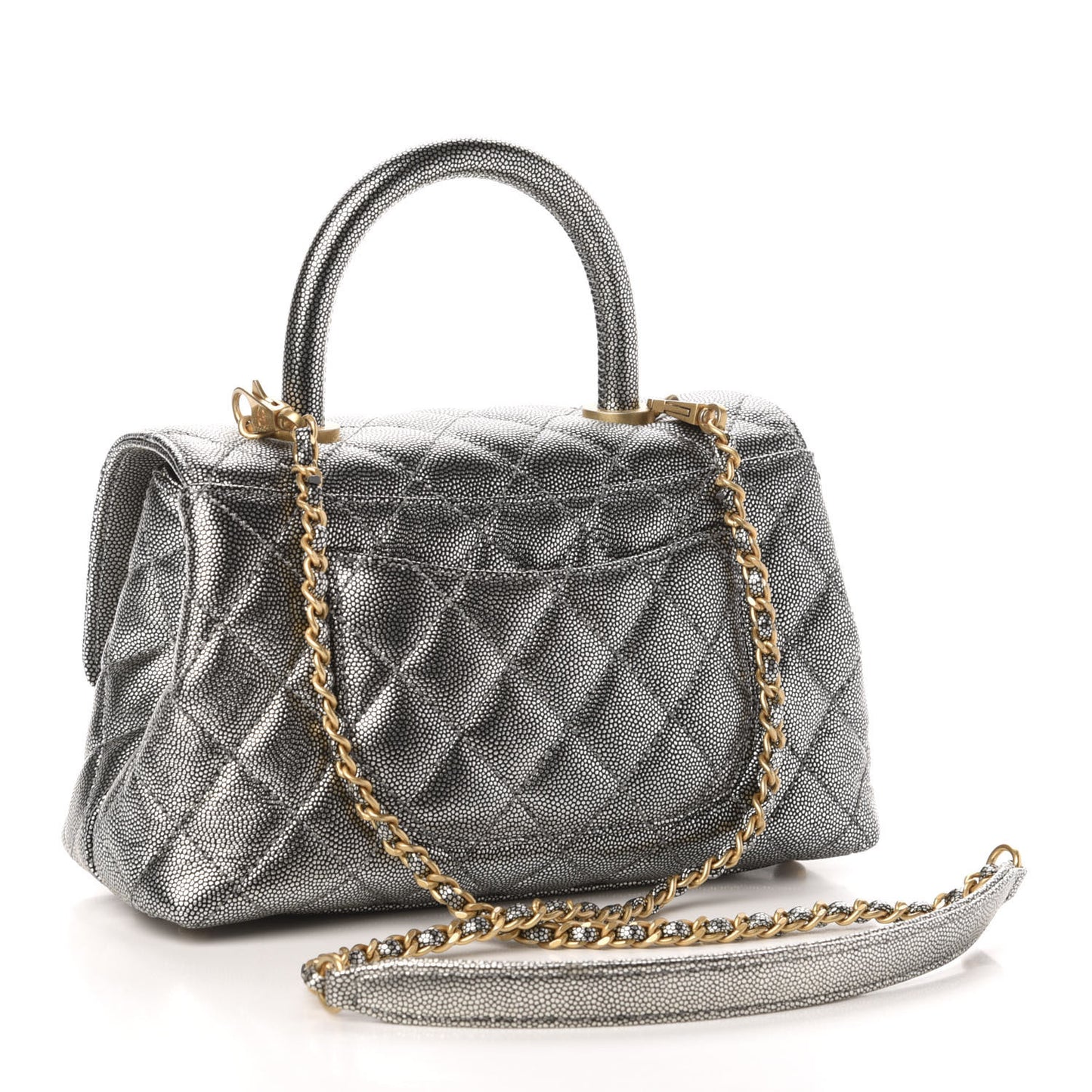 Metallic Caviar Quilted Mini Coco Handle Flap Silver