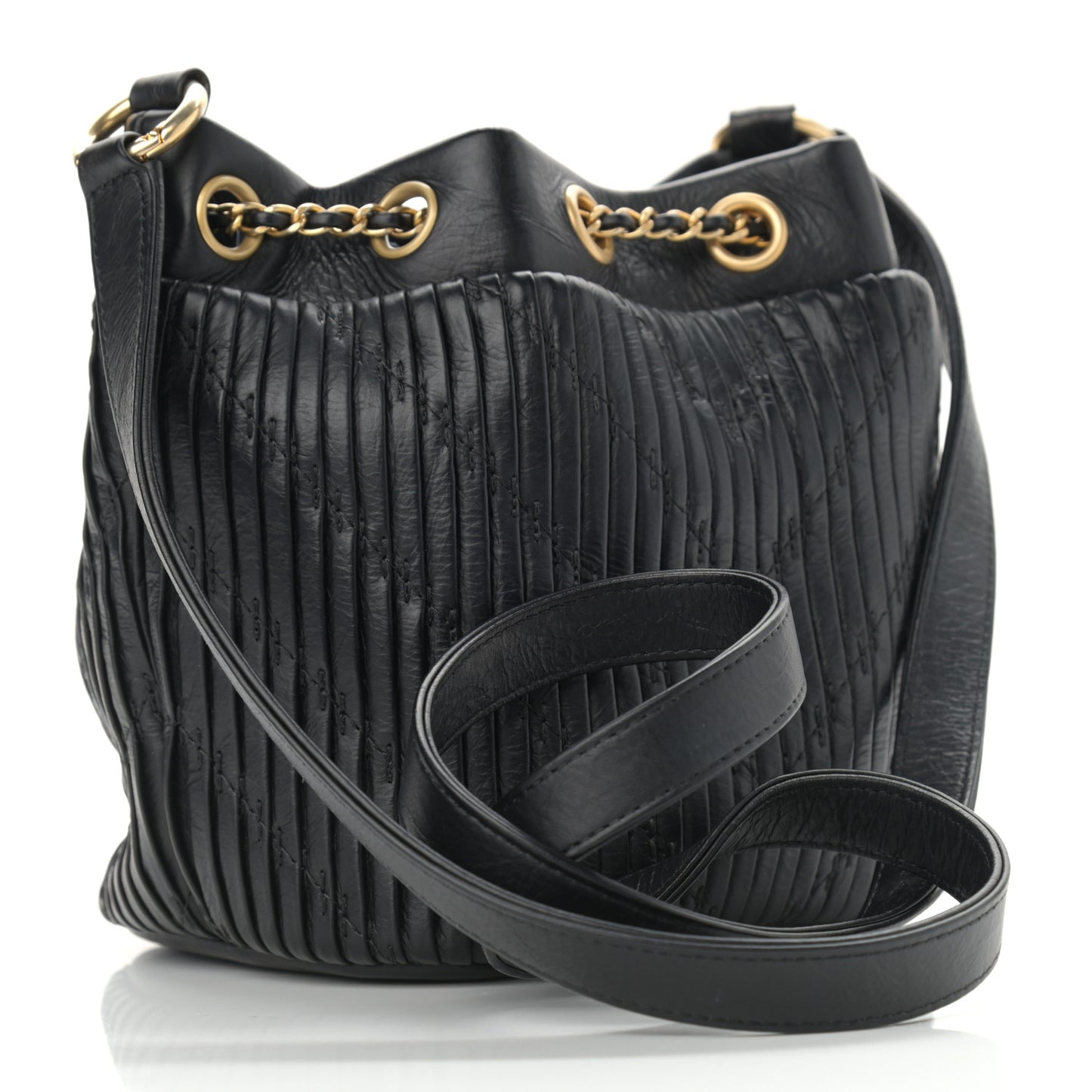 Iridescent Crumpled Calfskin Coco Pleats Small Drawstring Bag Black