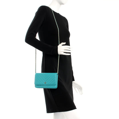 Chanel Lambskin Chevron Wallet On Chain WOC Turquoise 2 of 9