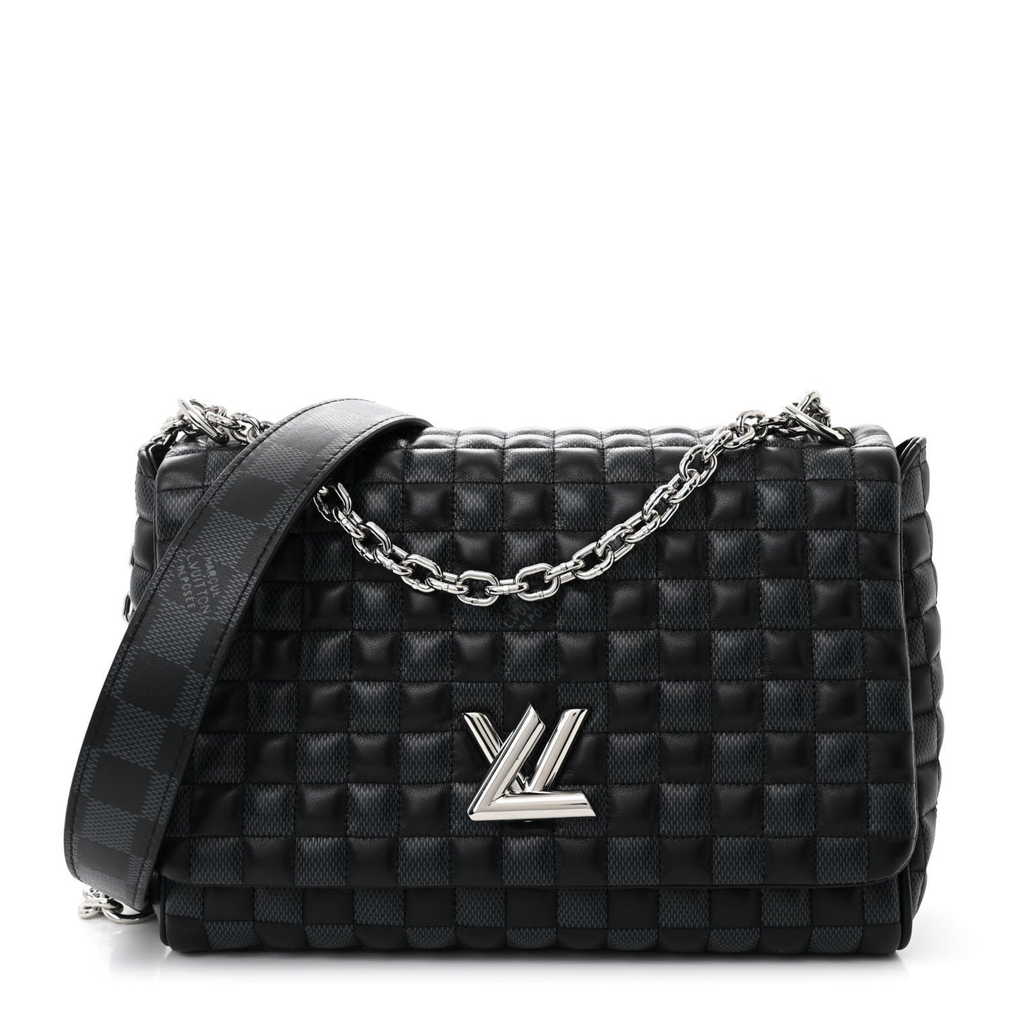 Calfskin Quilted Damier Twist MM Black Anthracite