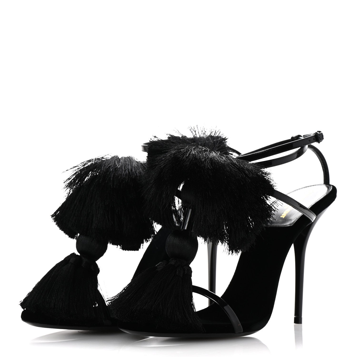 Saint Laurent Vernice Chiffon Tassel Embellished Pierre Pon Pon 110 Sandals 38.5 Black 4 of 9