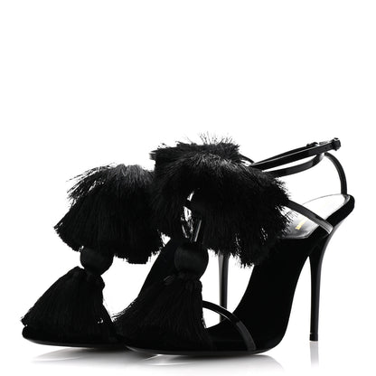 Saint Laurent Vernice Chiffon Tassel Embellished Pierre Pon Pon 110 Sandals 38.5 Black 4 of 9