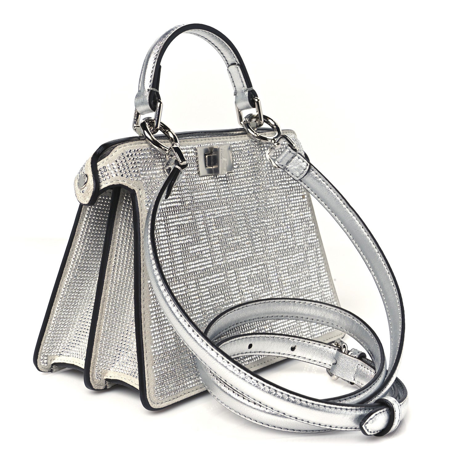 Fendi Crystal Vitello Laminato FF Petite Peekaboo I SEE U Satchel Crystal Argento 3 of 14