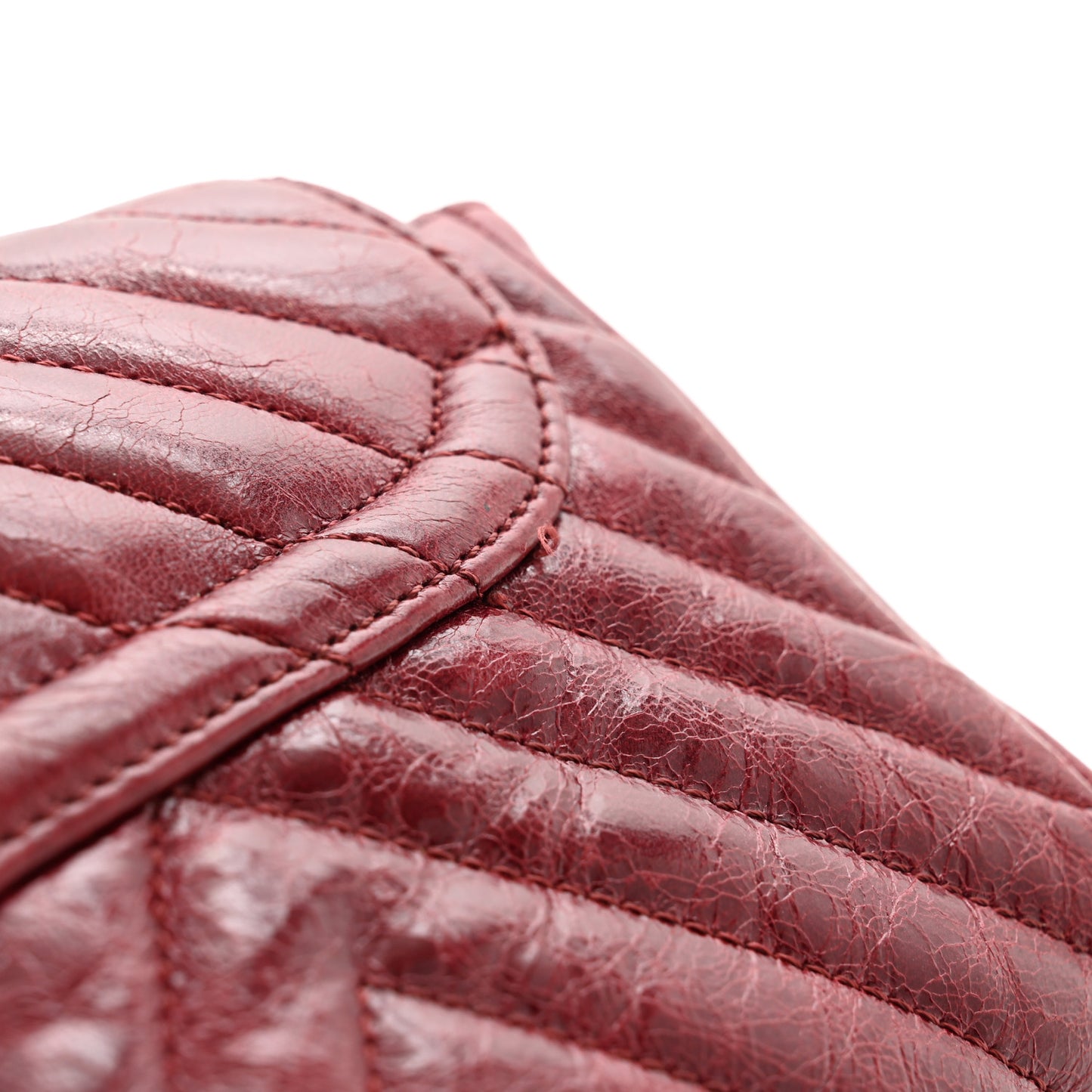 Glazed Calfskin Chevron Quilted Small Hampton Flap Burgundy