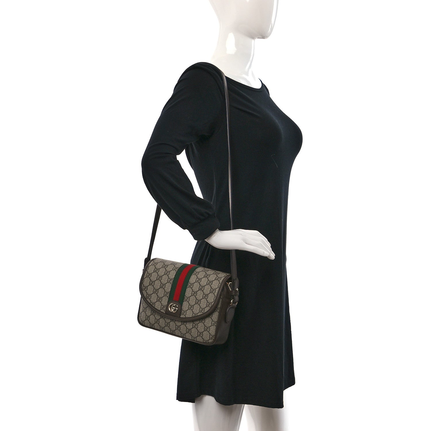 Gucci GG Supreme Monogram Textured Dollar Calfskin Web Studded Mini Ophidia Flap Shoulder Bag Beige Ebony New Acero 2 of 8
