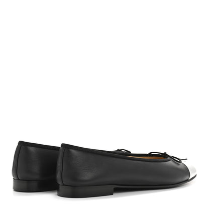 Chanel Calfskin Metallic Goatskin CC Cap Toe Ballerina Flats 40 Black Silver 5 of 10
