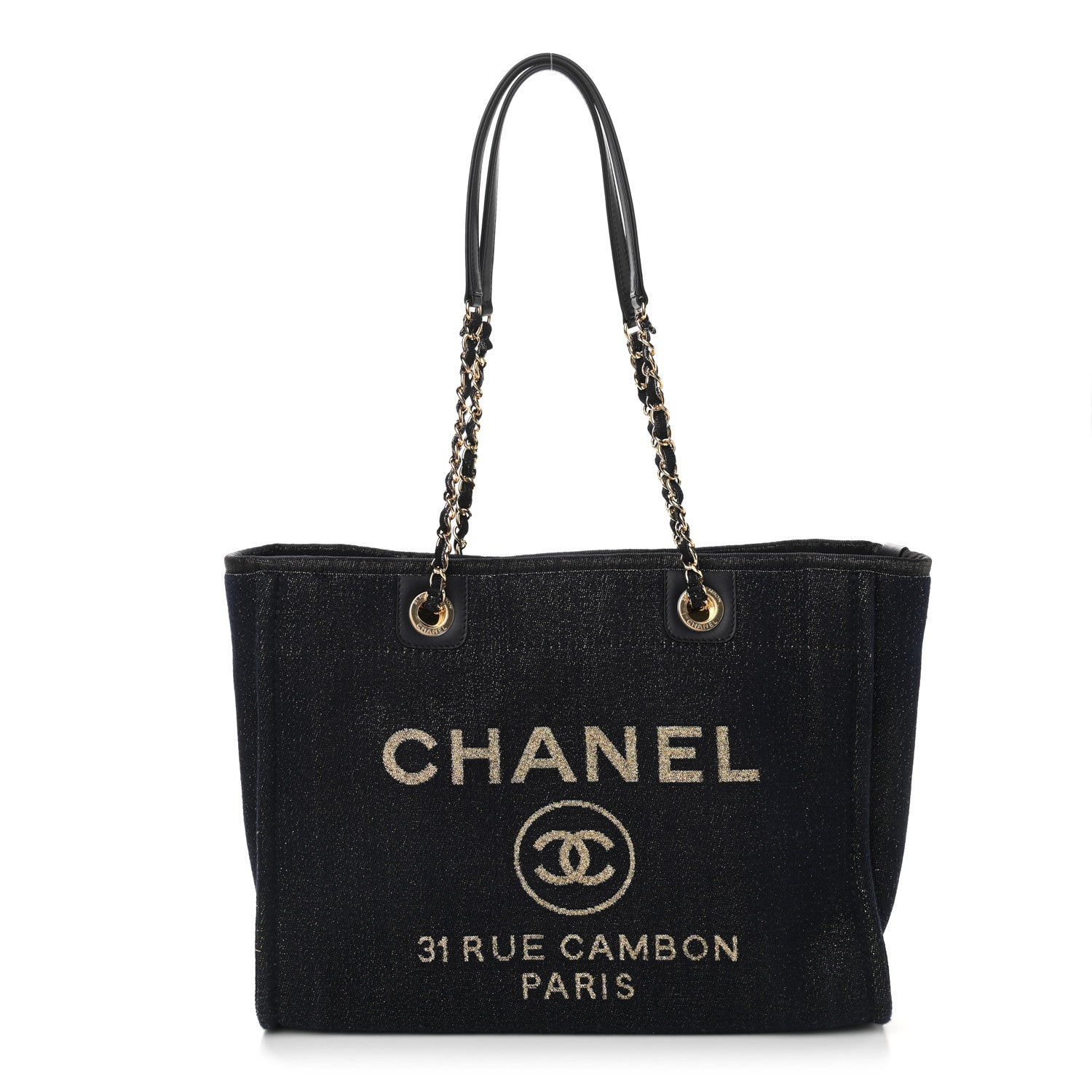 Chanel Lurex Canvas Small Deauville Tote Navy Blue Gold 1 of 10