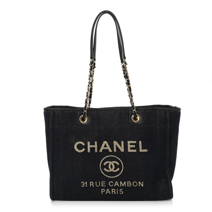 Chanel Lurex Canvas Small Deauville Tote Navy Blue Gold 1 of 10