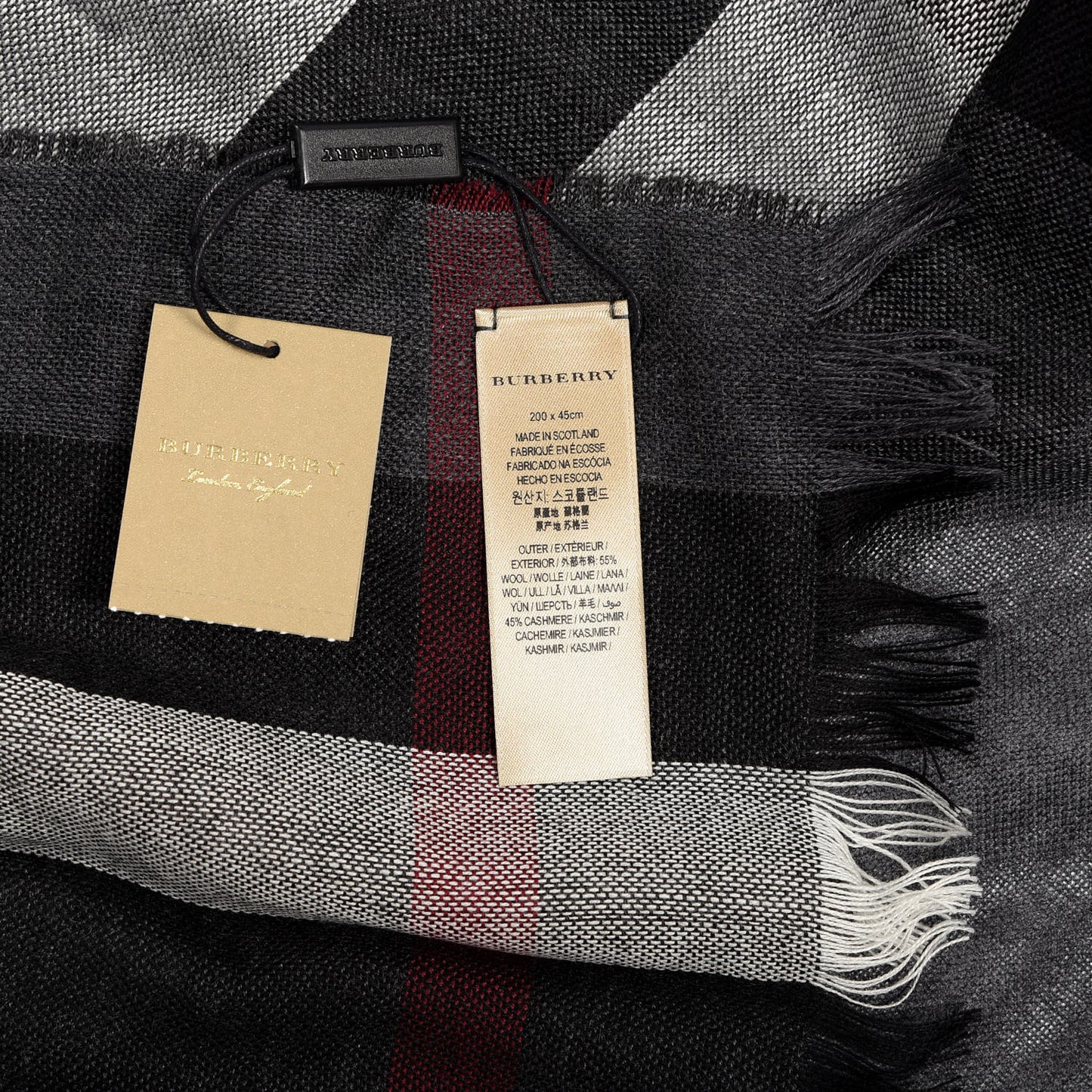 Wool Cashmere Check Lightweight Scarf Black