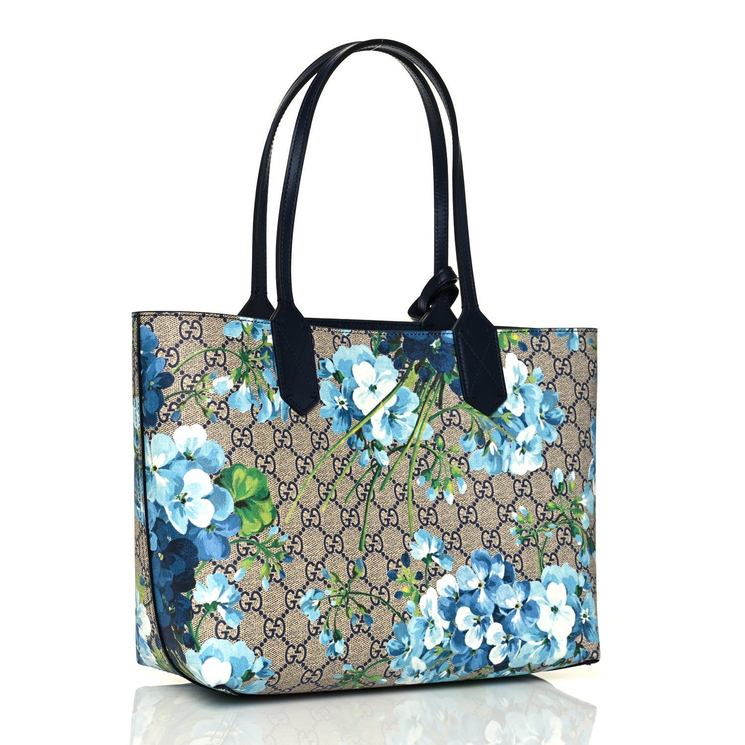 Gucci GG Supreme Monogram Blooms Small Reversible Tote Beige Blue Navy 3 of 20
