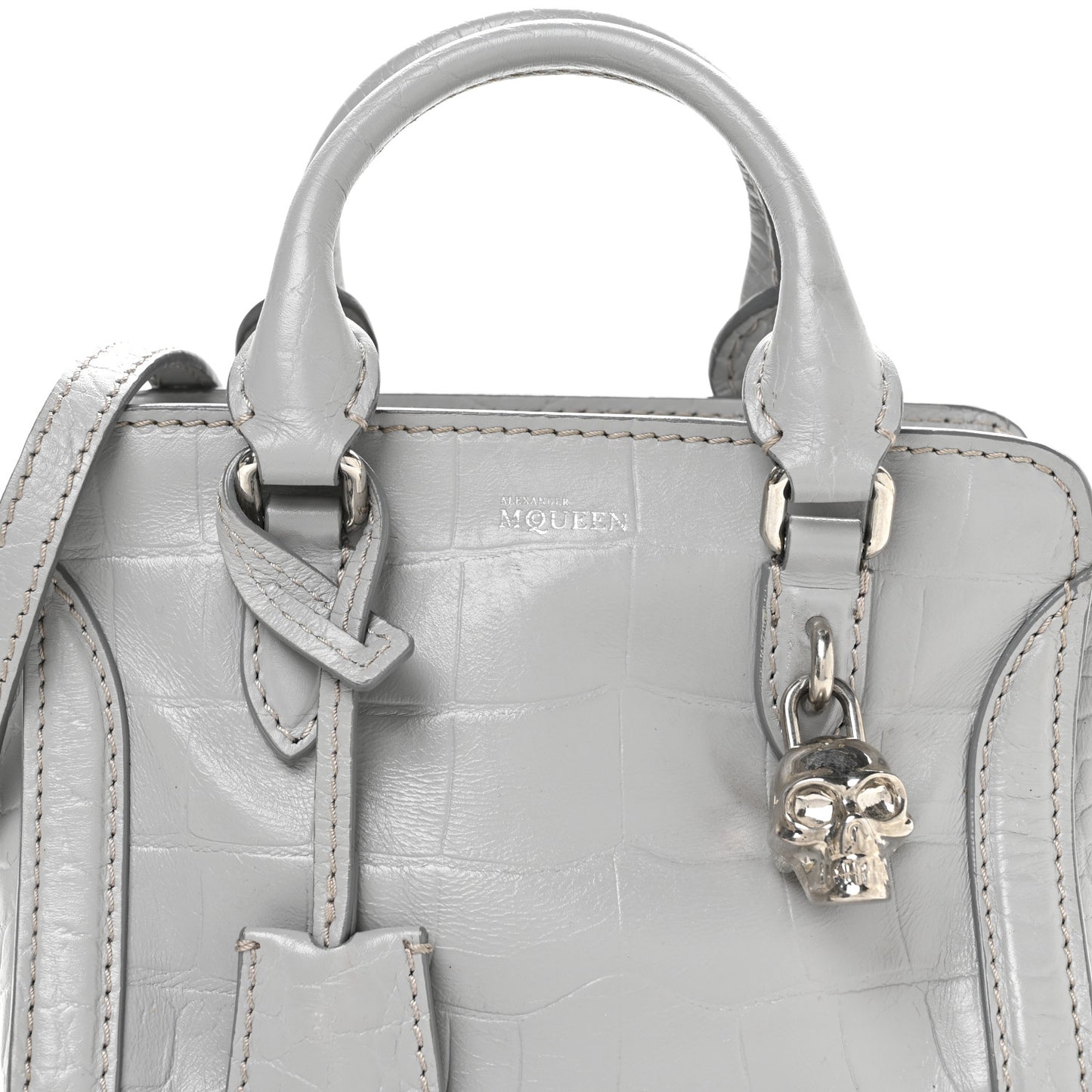 Calfskin Crocodile Embossed Mini Skull Padlock Zip Around Tote Grey
