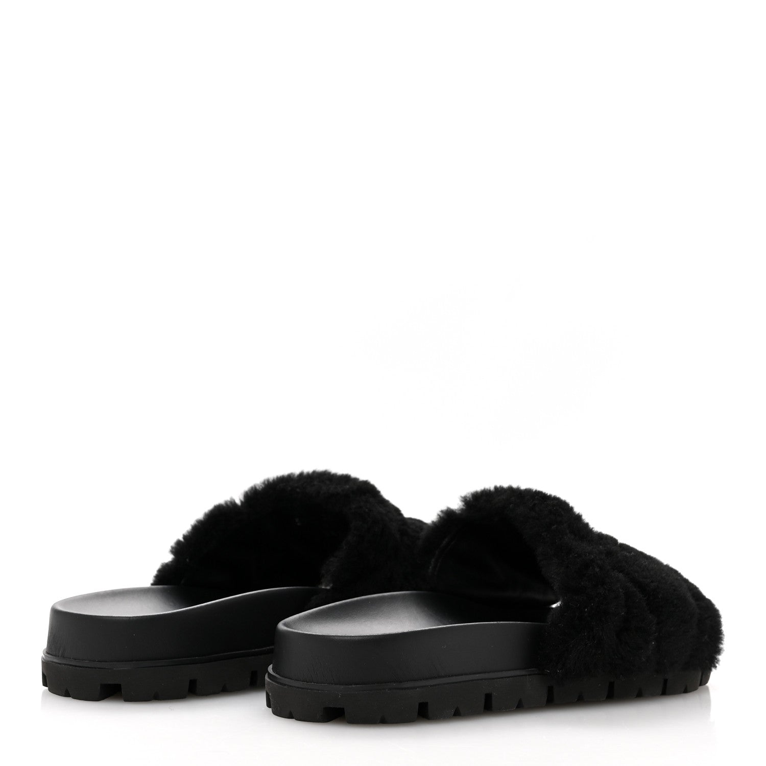 Prada Shearling Metal Triangle Logo Lug Sole 20mm Slide Sandals 36.5 Black 5 of 9