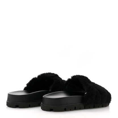 Prada Shearling Metal Triangle Logo Lug Sole 20mm Slide Sandals 36.5 Black 5 of 9