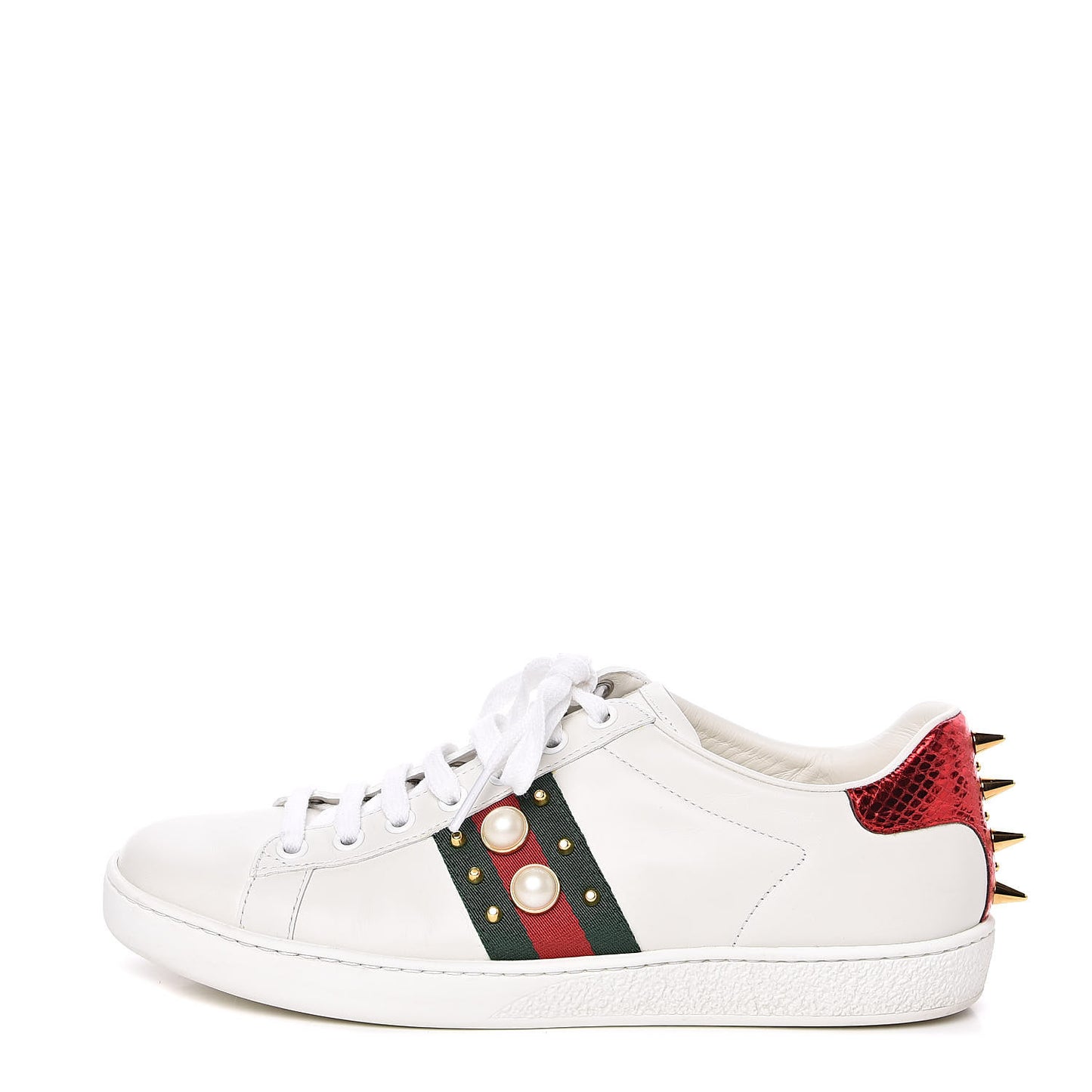 Calfskin Web Pearl Studded Womens Ace Sneakers 38 White
