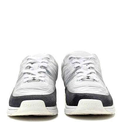 Chanel Nylon Lambskin Suede Calfskin CC Sneakers 38.5 White Grey 2 of 8