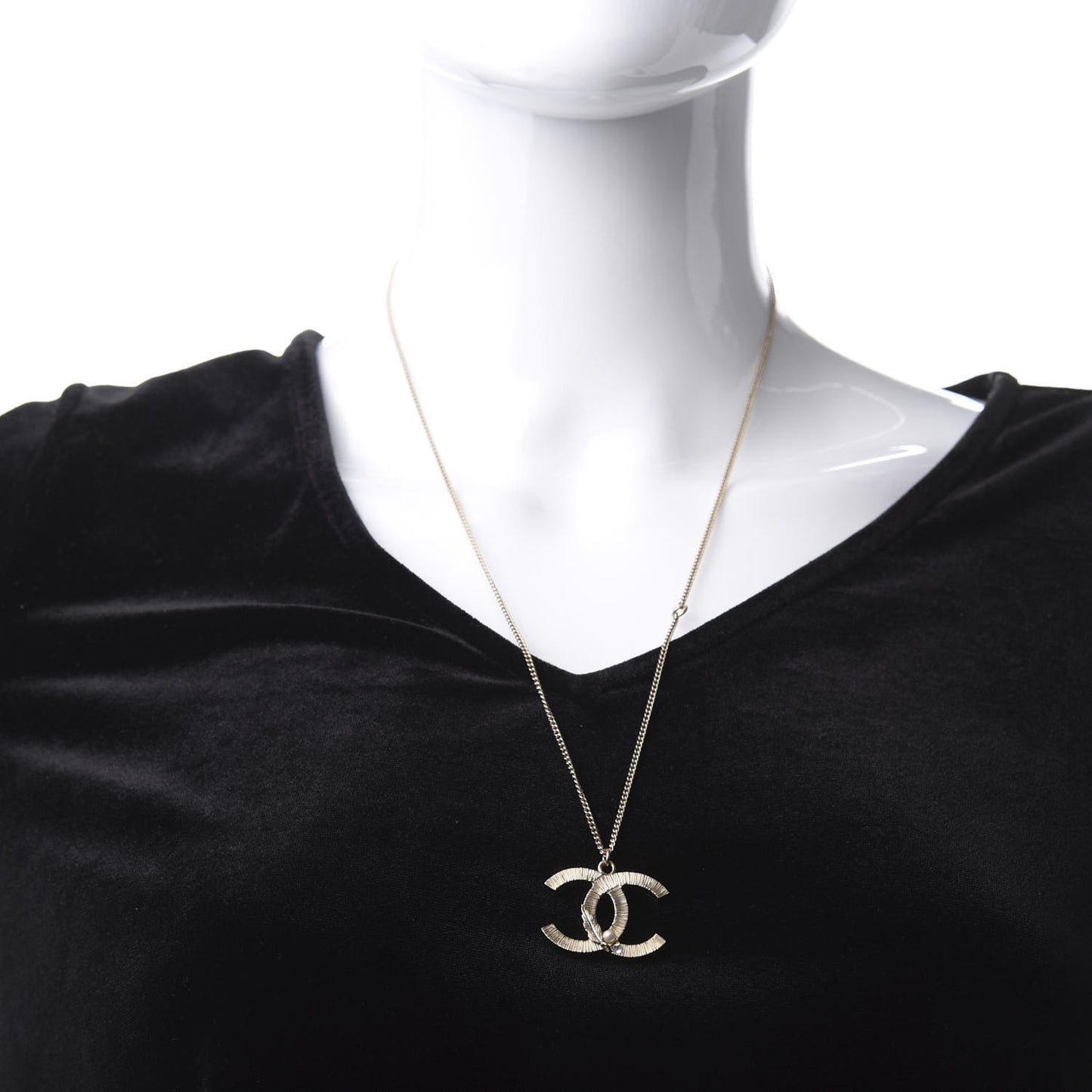 Pearl Crystal Feather CC Pendant Necklace Gold