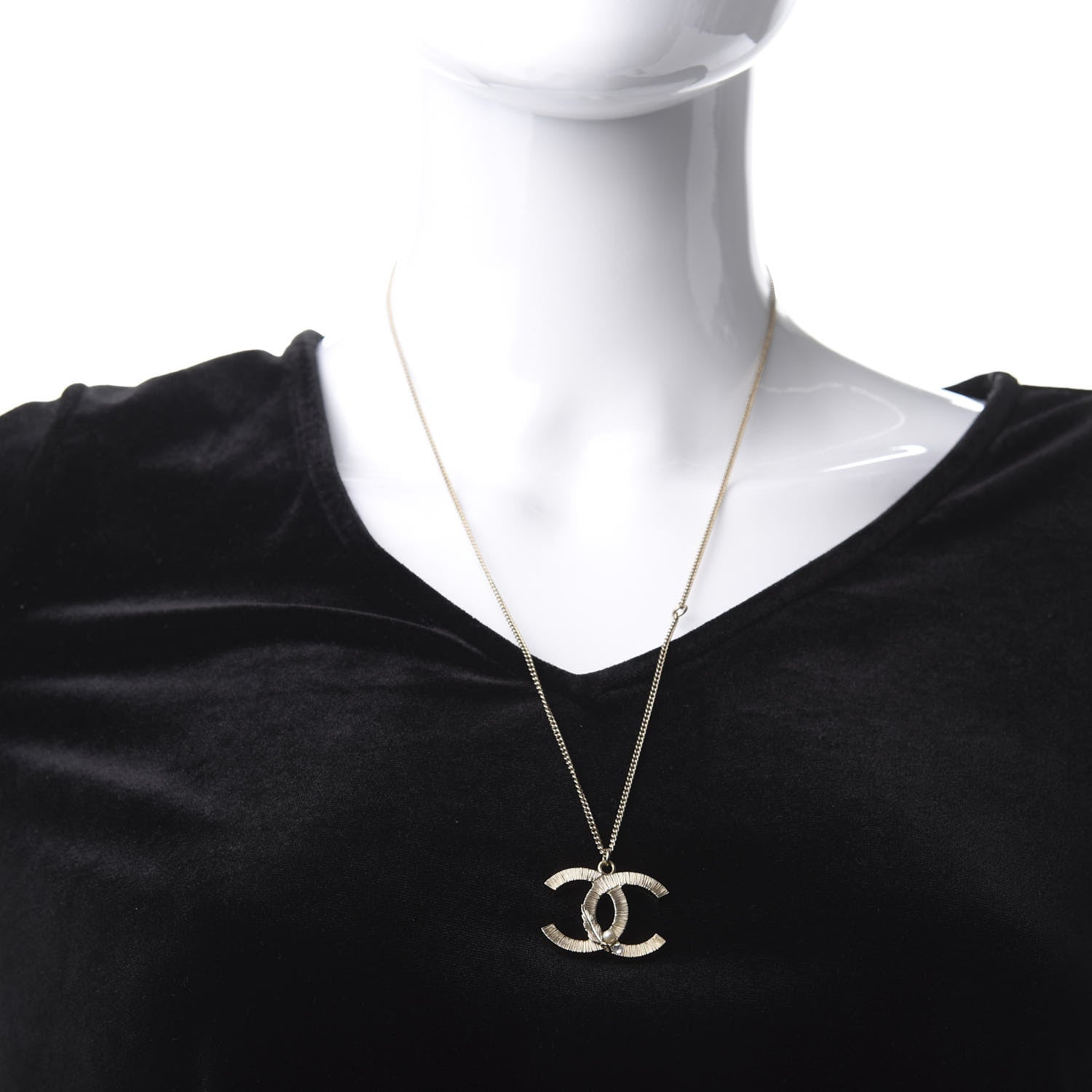 Chanel Pearl Crystal Feather CC Pendant Necklace Gold 2 of 5