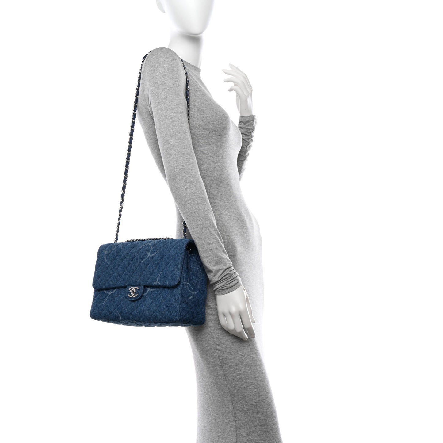 Denim Quilted CC Print Jumbo Single Flap Blue