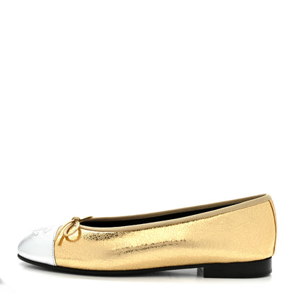 Chanel Crackled Laminated Calfskin CC Cap Toe Ballerina Flats 36.5 Gold Silver 1 of 10