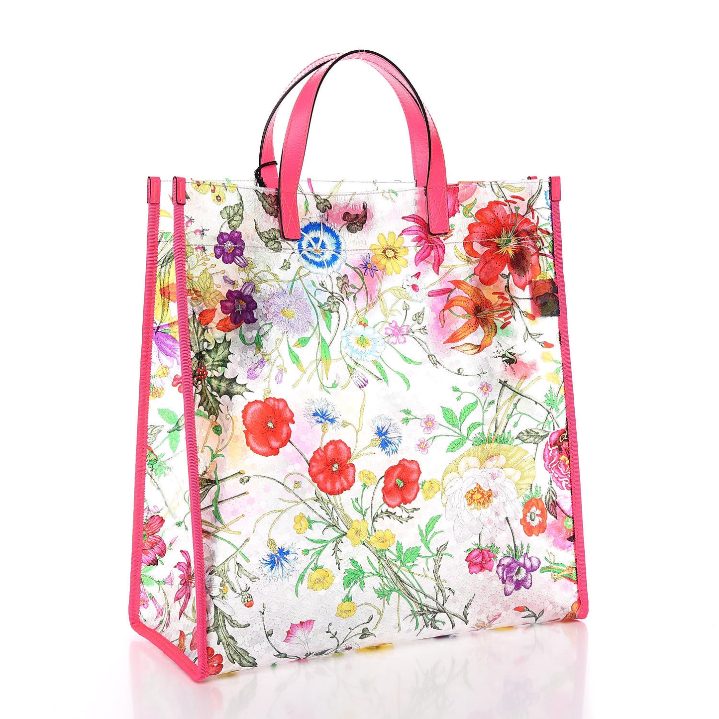 Calfskin Textured Vinyl Print Flora Tote Fluorescent Fuchsia