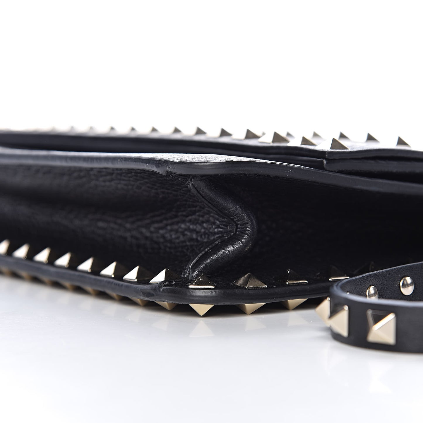 Pebbled Calfskin Rockstud Side Slip Wristlet Clutch Black