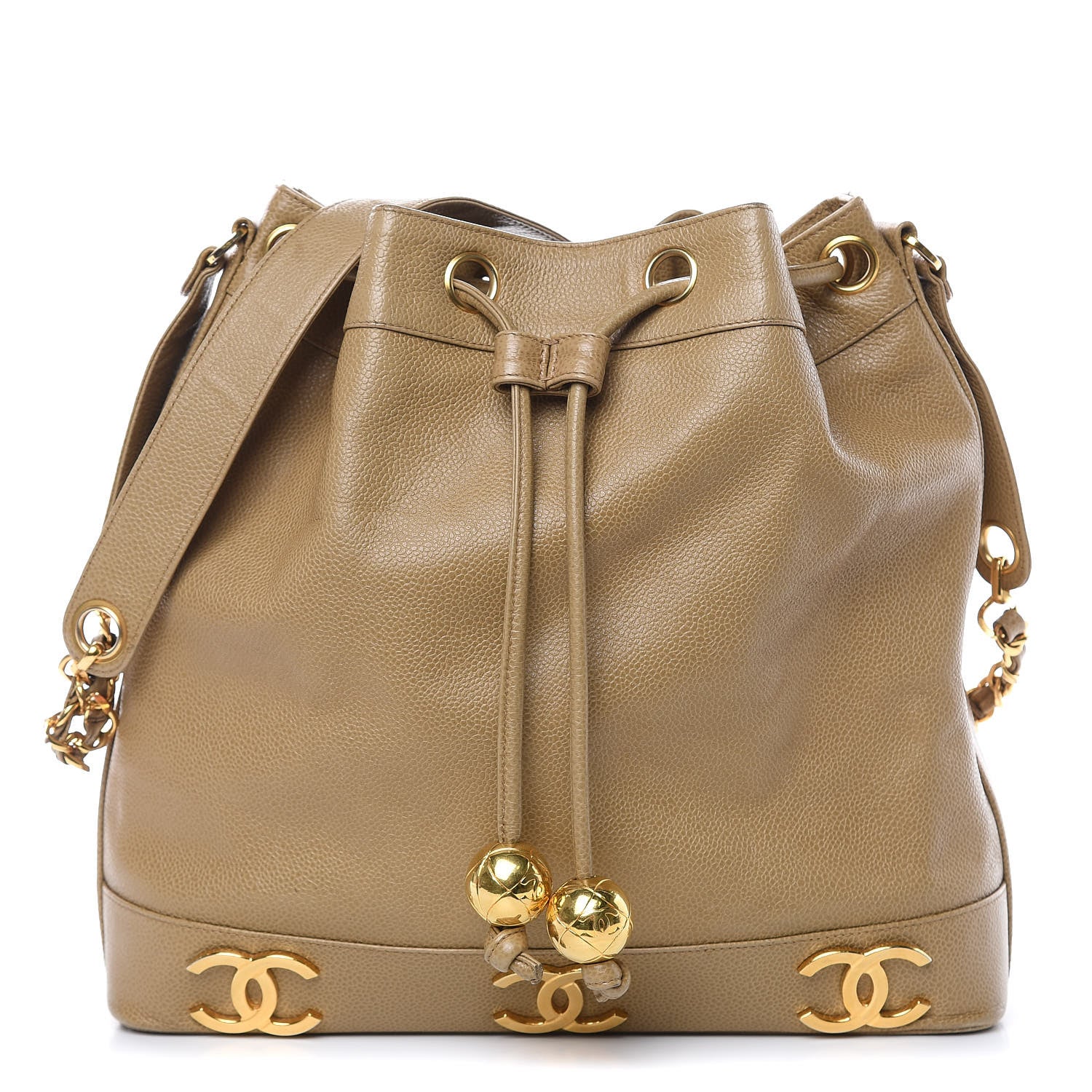 Chanel Caviar CC Drawstring Shoulder Bag Beige 1 of 12