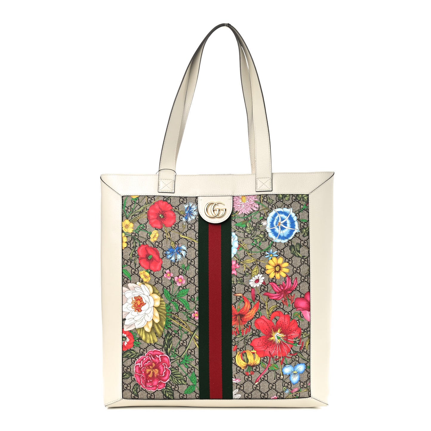GG Supreme Monogram Flora Web Ophidia Vertical Shopping Tote White