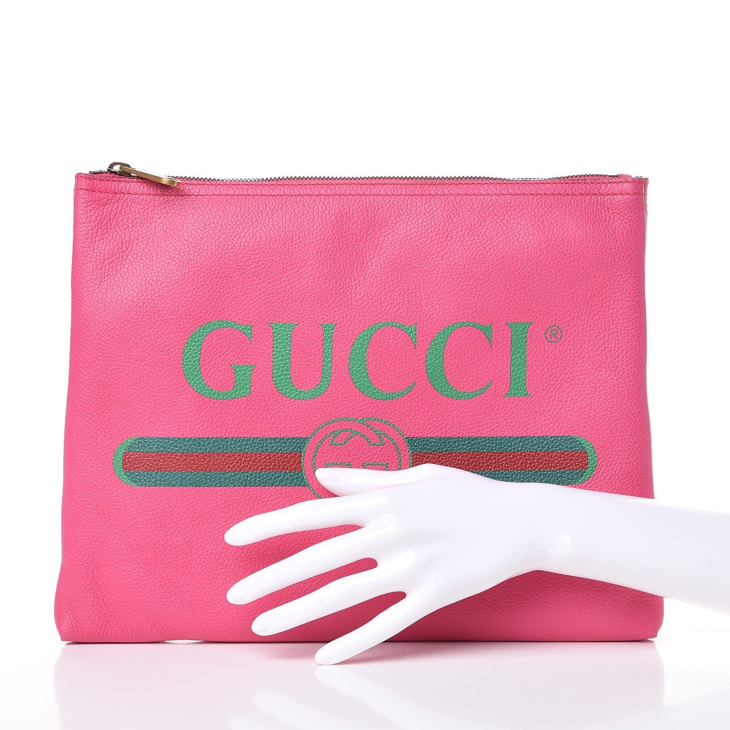 Gucci Pebbled Calfskin Medium Logo Portfolio Clutch Box Pink Green 2 of 7