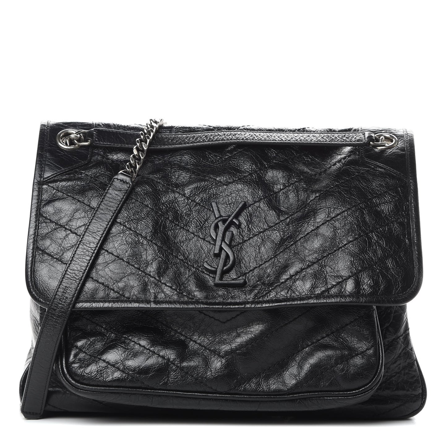 Crinkled Calfskin Matelasse Monogram Large Niki Chain Satchel Black