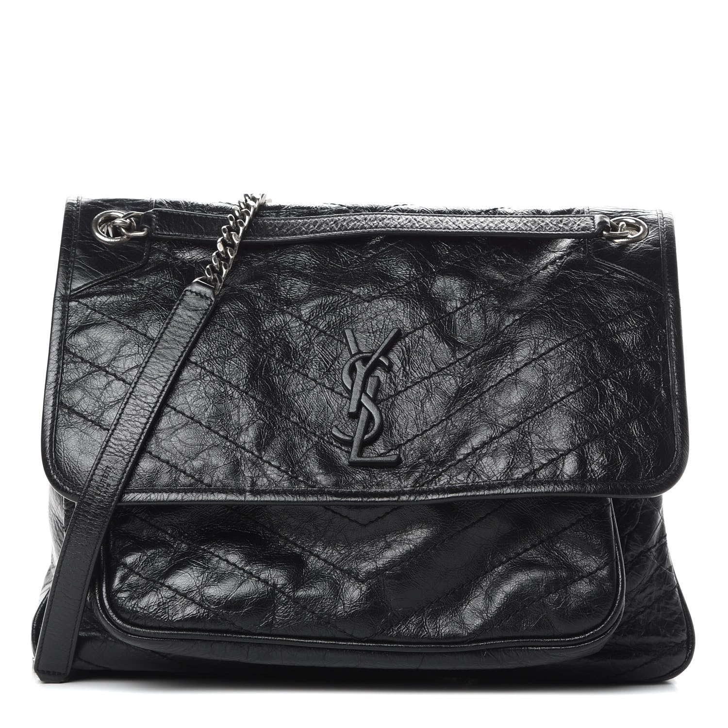 Saint Laurent Crinkled Calfskin Matelasse Monogram Large Niki Chain Satchel Black 1 of 12