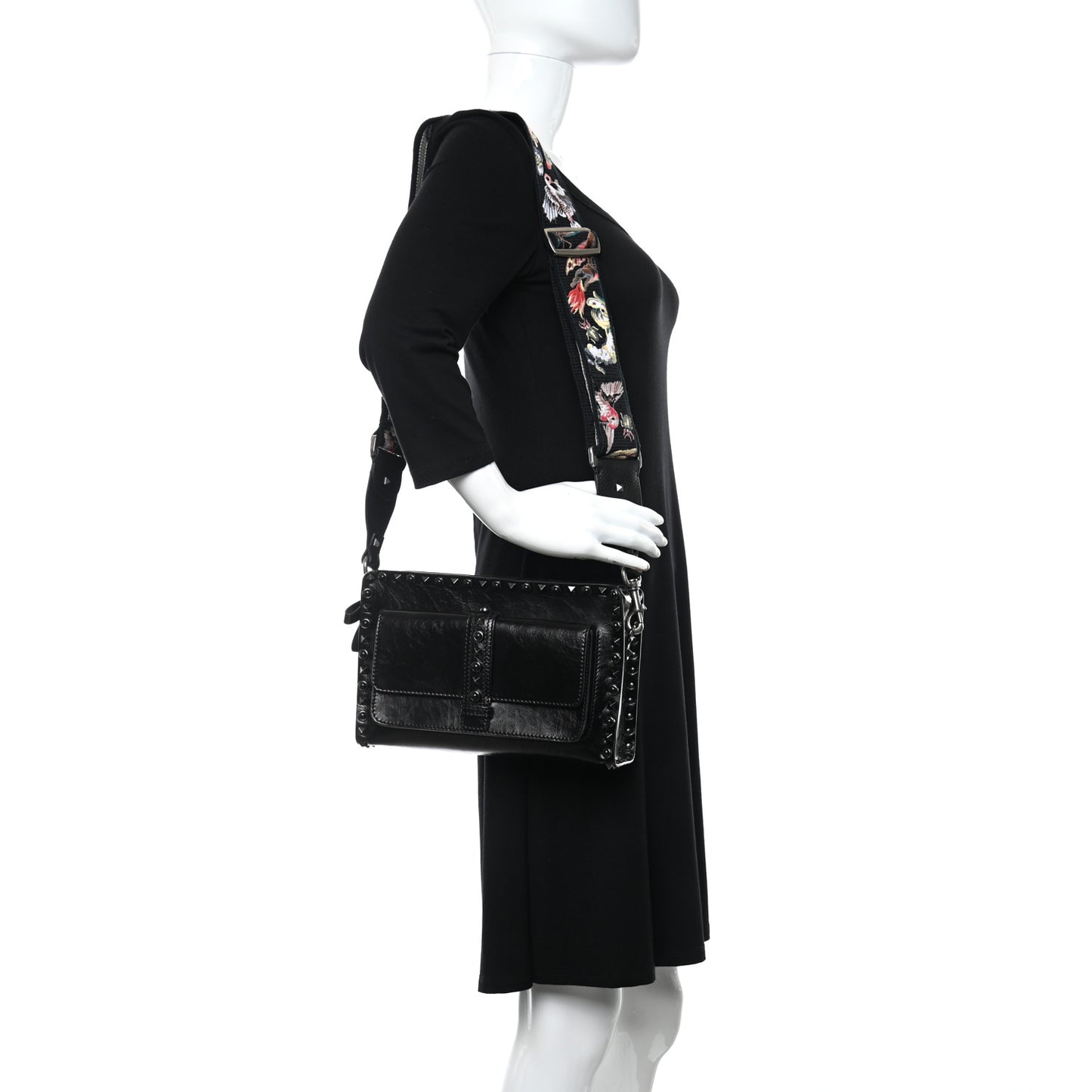 Craquele Calfskin Small Guitar Strap Rockstud Rolling Flap Pocket Shoulder Bag Black