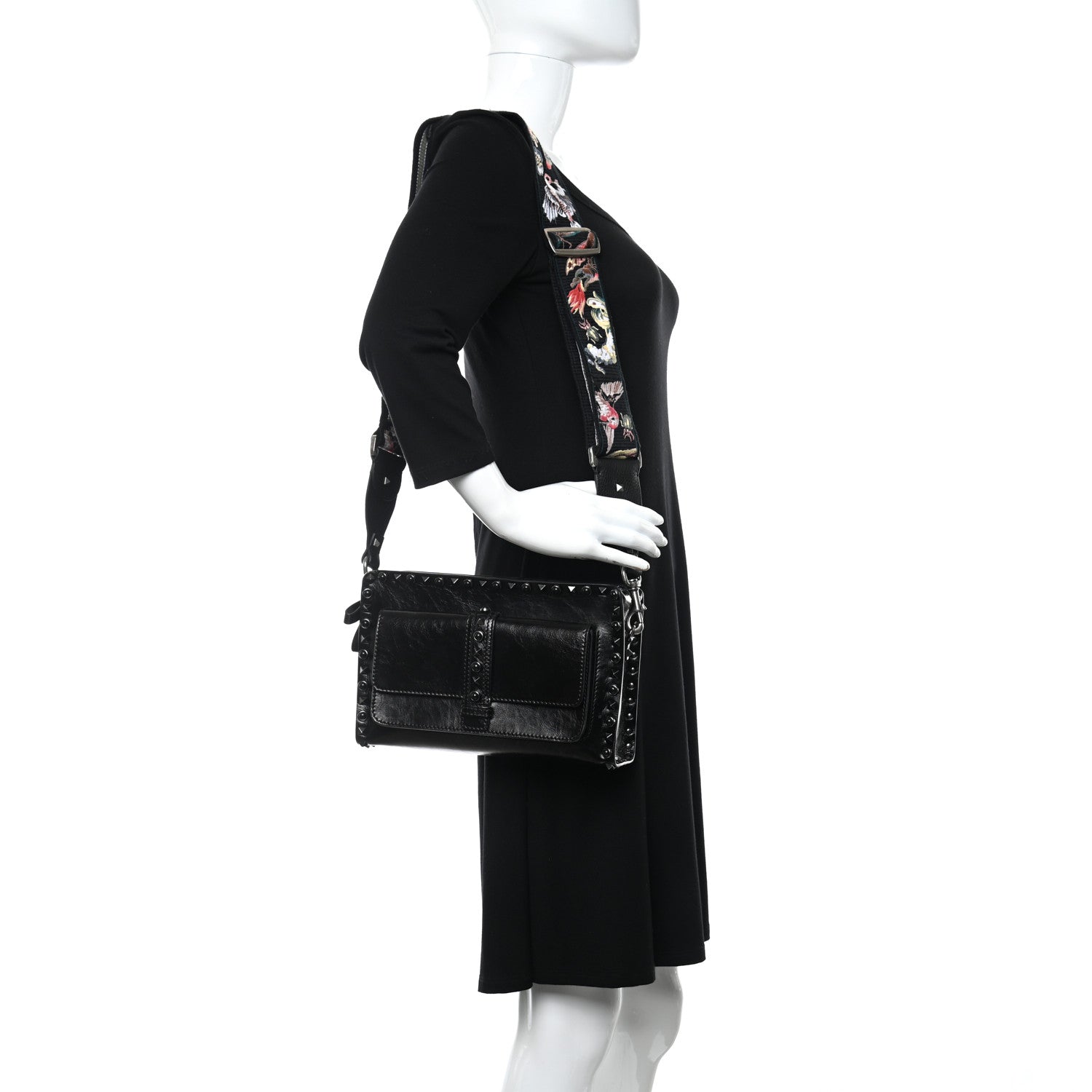 Valentino Garavani Craquele Calfskin Small Guitar Strap Rockstud Rolling Flap Pocket Shoulder Bag Black 2 of 11