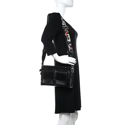 Valentino Garavani Craquele Calfskin Small Guitar Strap Rockstud Rolling Flap Pocket Shoulder Bag Black 2 of 11
