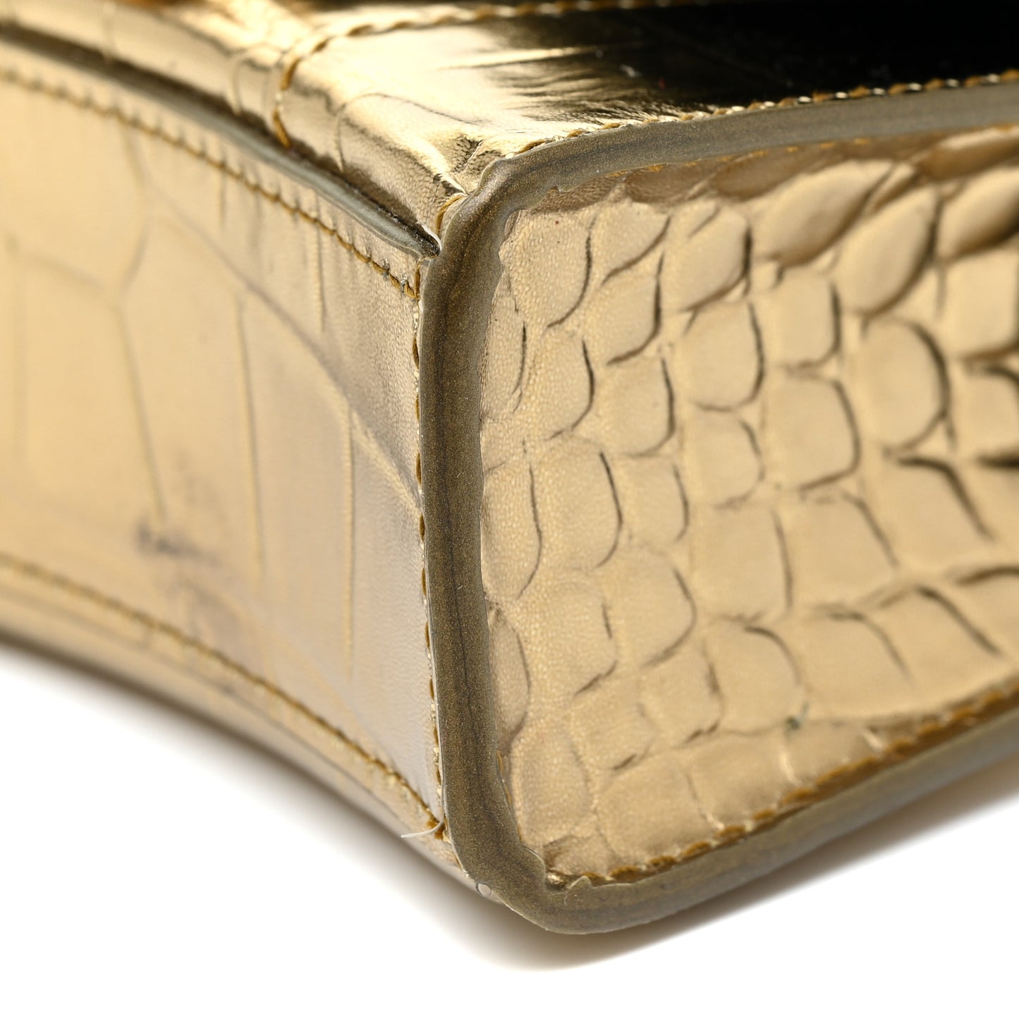 Metallic Calfskin Crocodile Embossed Hourglass Top Handle Bag Mini with Chain Gold