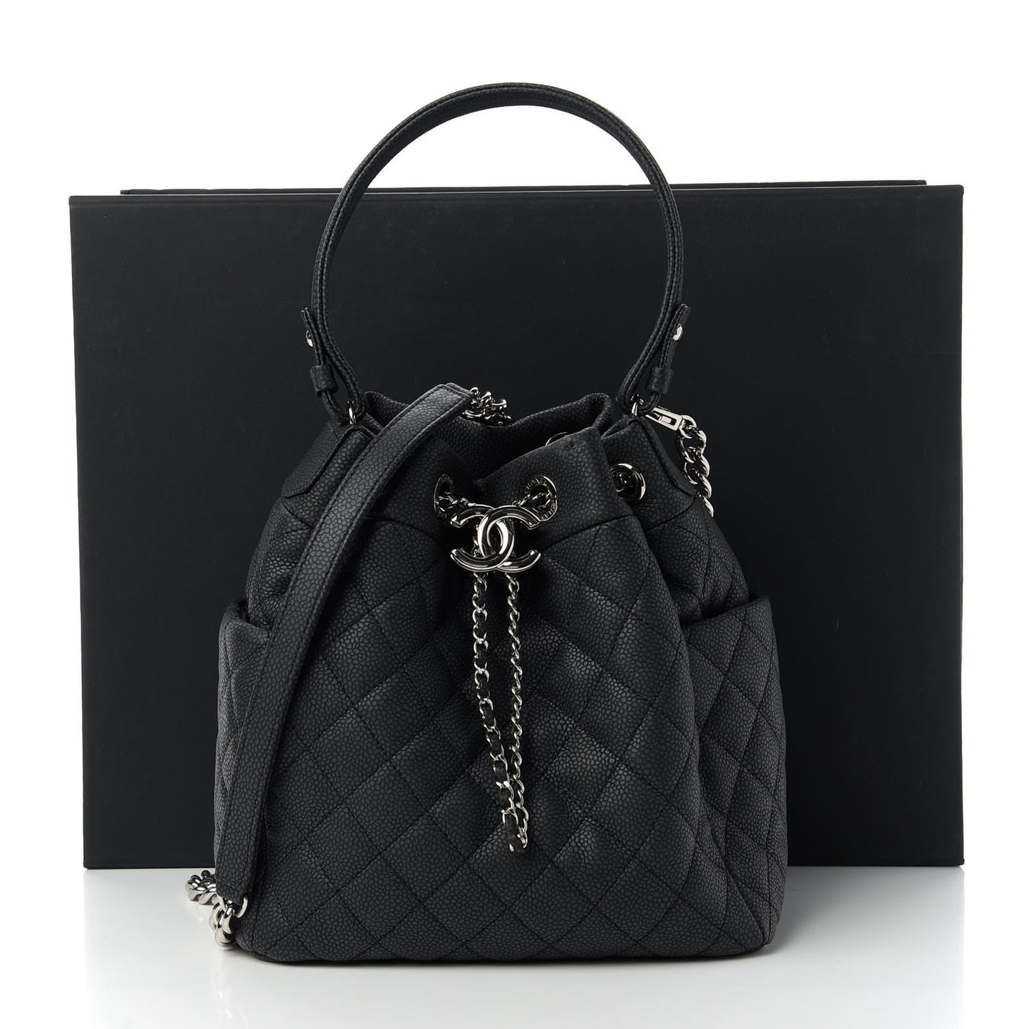 Caviar Flat Quilted CC Chain Bucket Drawstring Bag Black