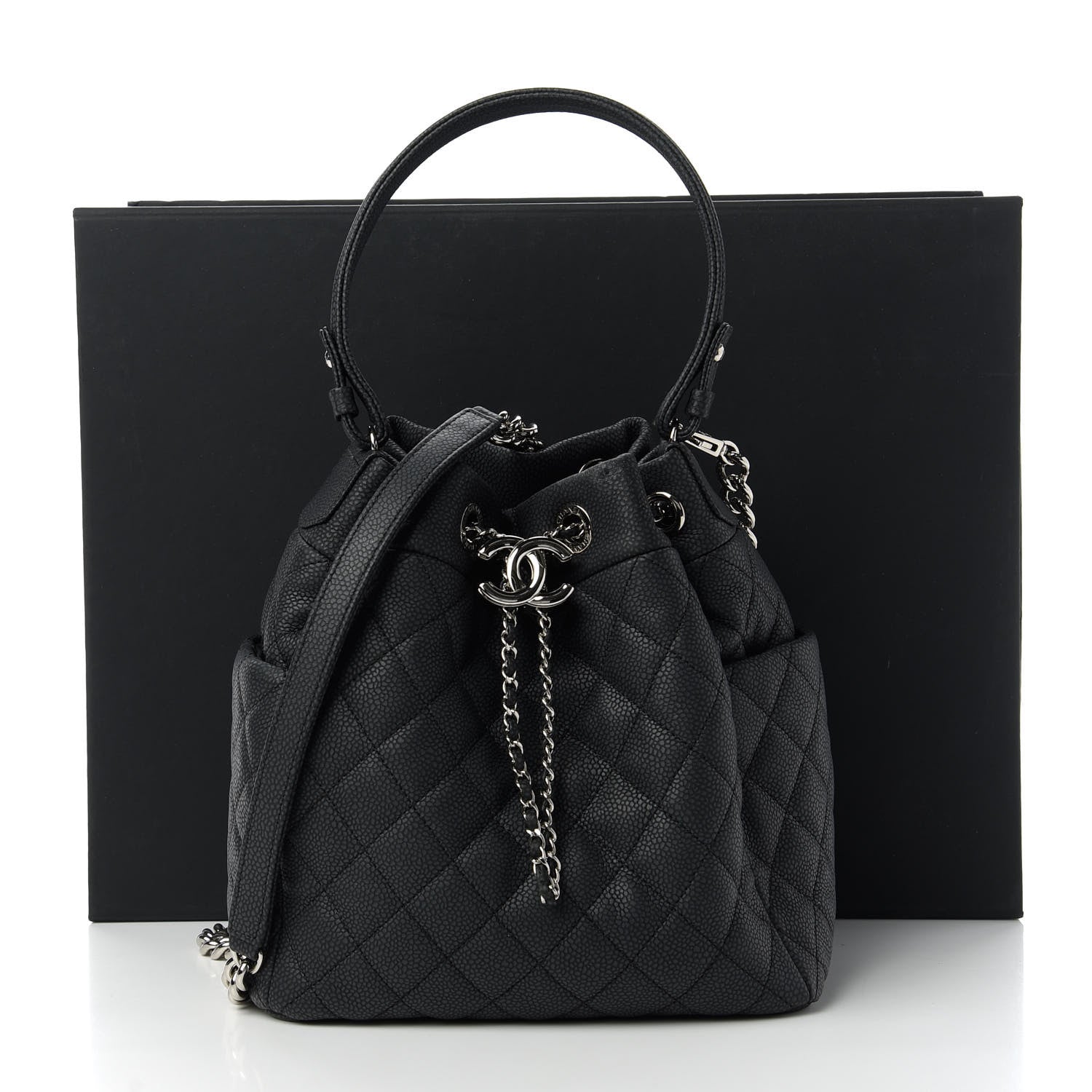 Chanel Caviar Flat Quilted CC Chain Bucket Drawstring Bag Black 11 of 11
