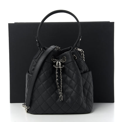 Chanel Caviar Flat Quilted CC Chain Bucket Drawstring Bag Black 11 of 11