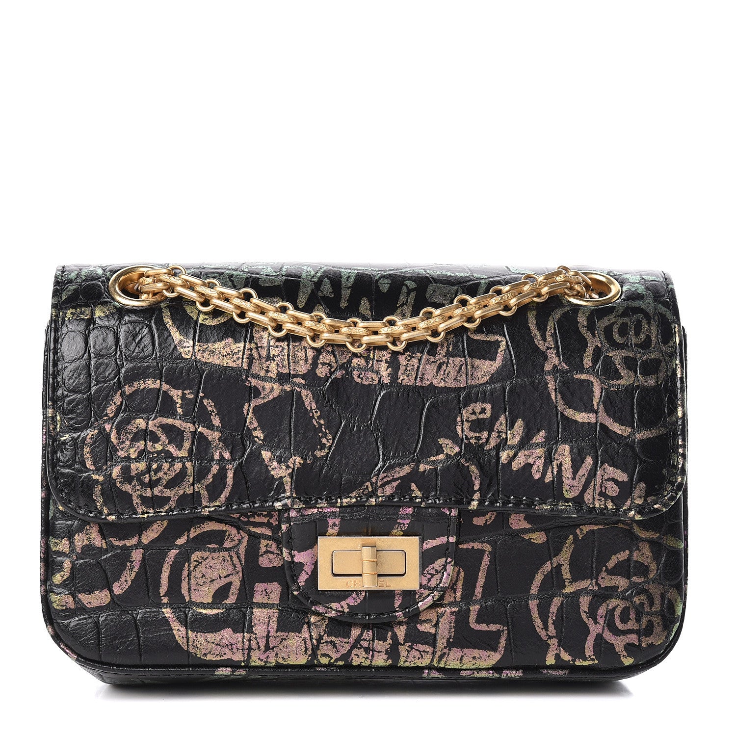 Chanel Calfskin Crocodile Embossed Graffiti 2.55 Mini Cocodile Reissue Flap Black Pink 1 of 11