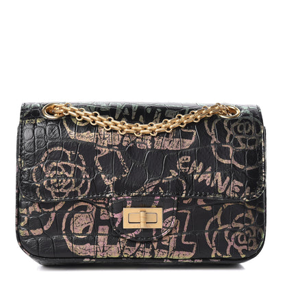 Chanel Calfskin Crocodile Embossed Graffiti 2.55 Mini Cocodile Reissue Flap Black Pink 1 of 11