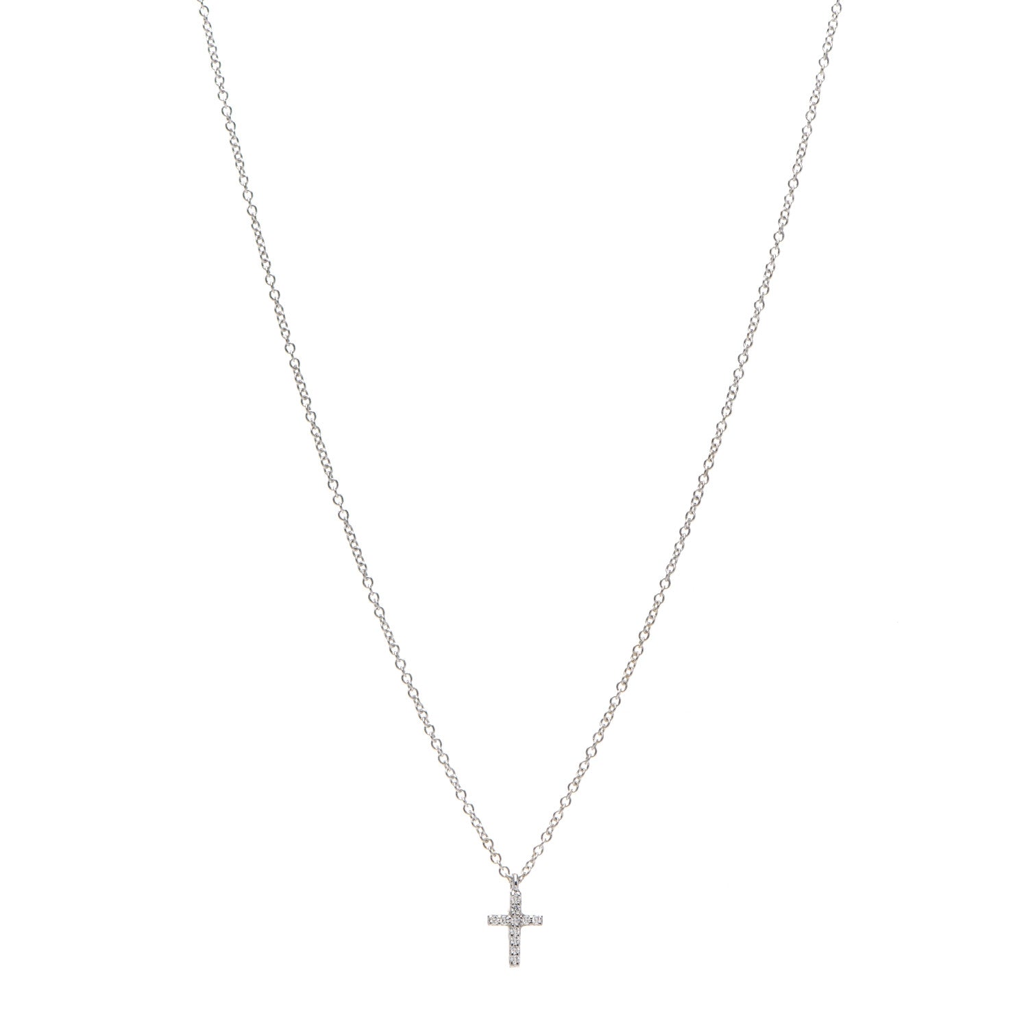 Tiffany 18K White Gold Diamond Mini Cross Pendant Necklace 1 of 4