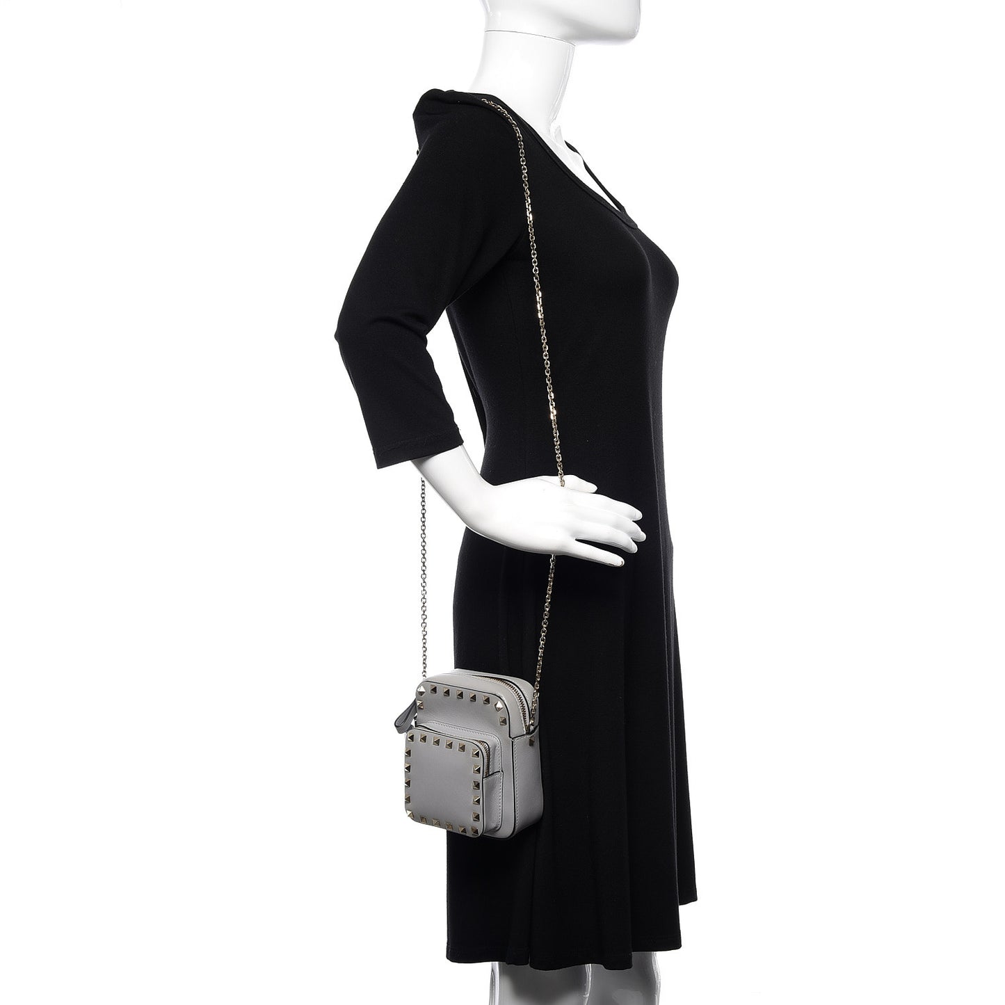 Calfskin Rockstud Double Pocket Chain Crossbody Bag Grey