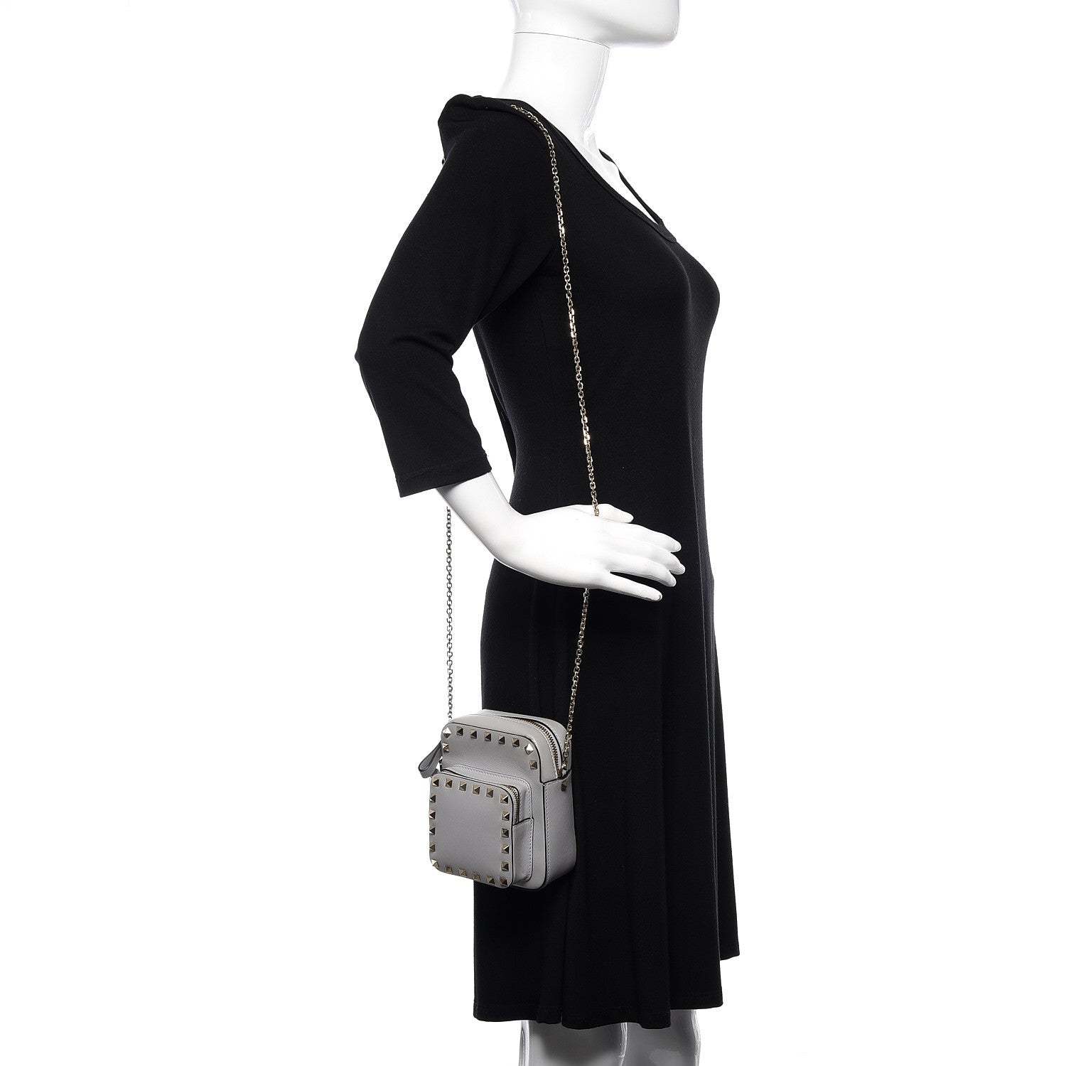 Valentino Garavani Calfskin Rockstud Double Pocket Chain Crossbody Bag Grey 2 of 9