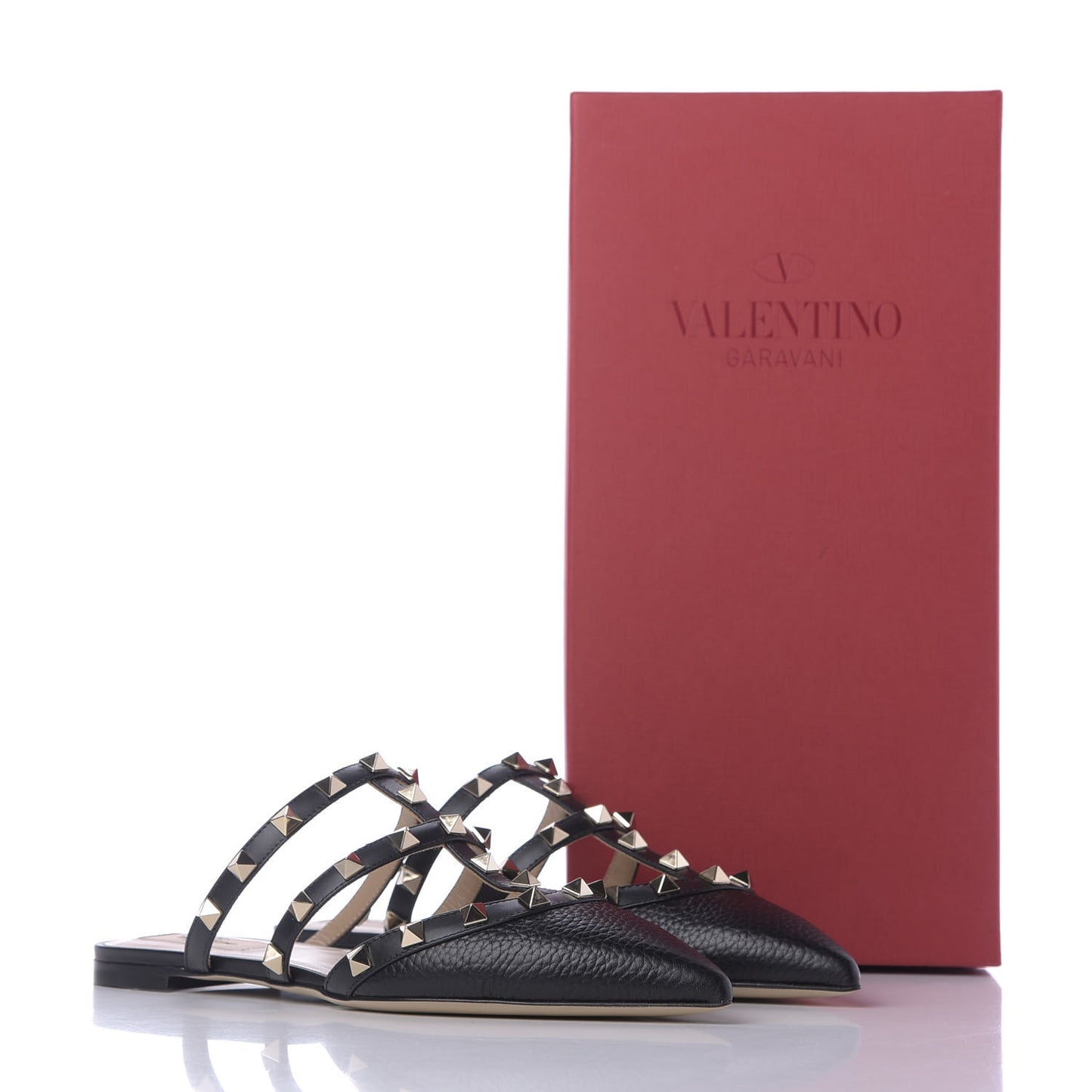 Pebbled Calfskin Rockstud Flat Cage Mules 36 Black